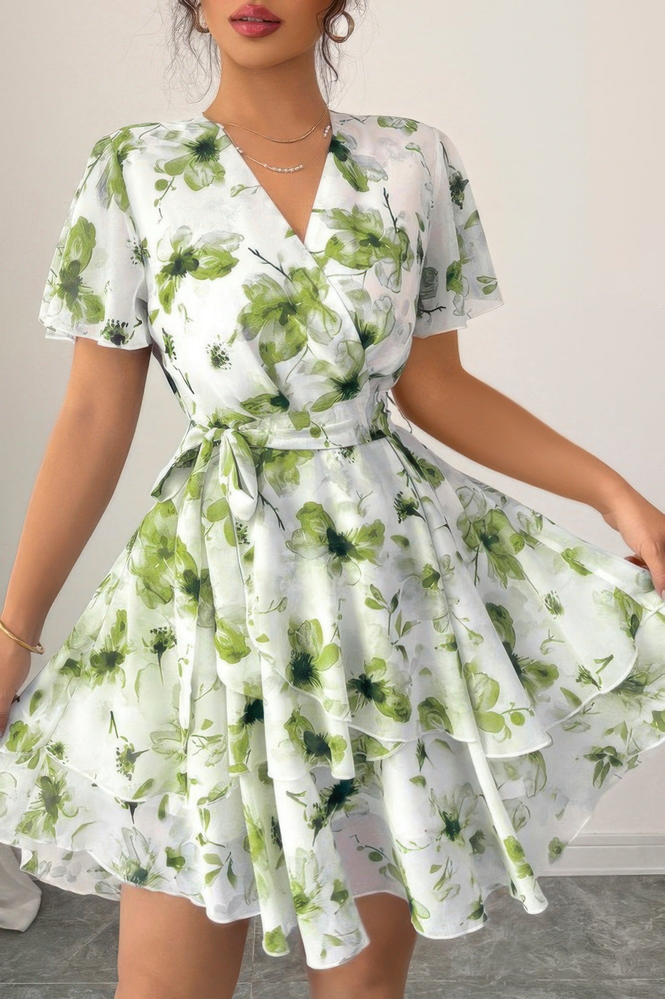 Floral V-Neck Short Sleeve Wrap Tiered Ruffle Mini Dress 9