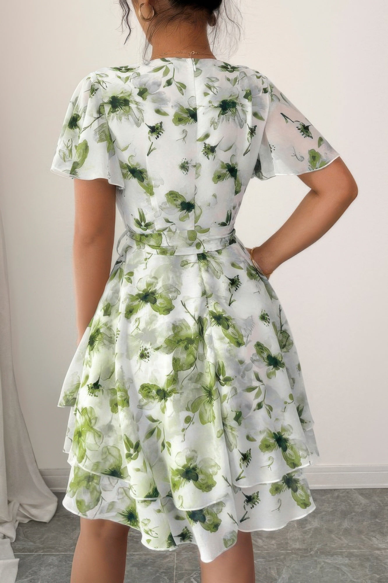 Floral V-Neck Short Sleeve Wrap Tiered Ruffle Mini Dress 11