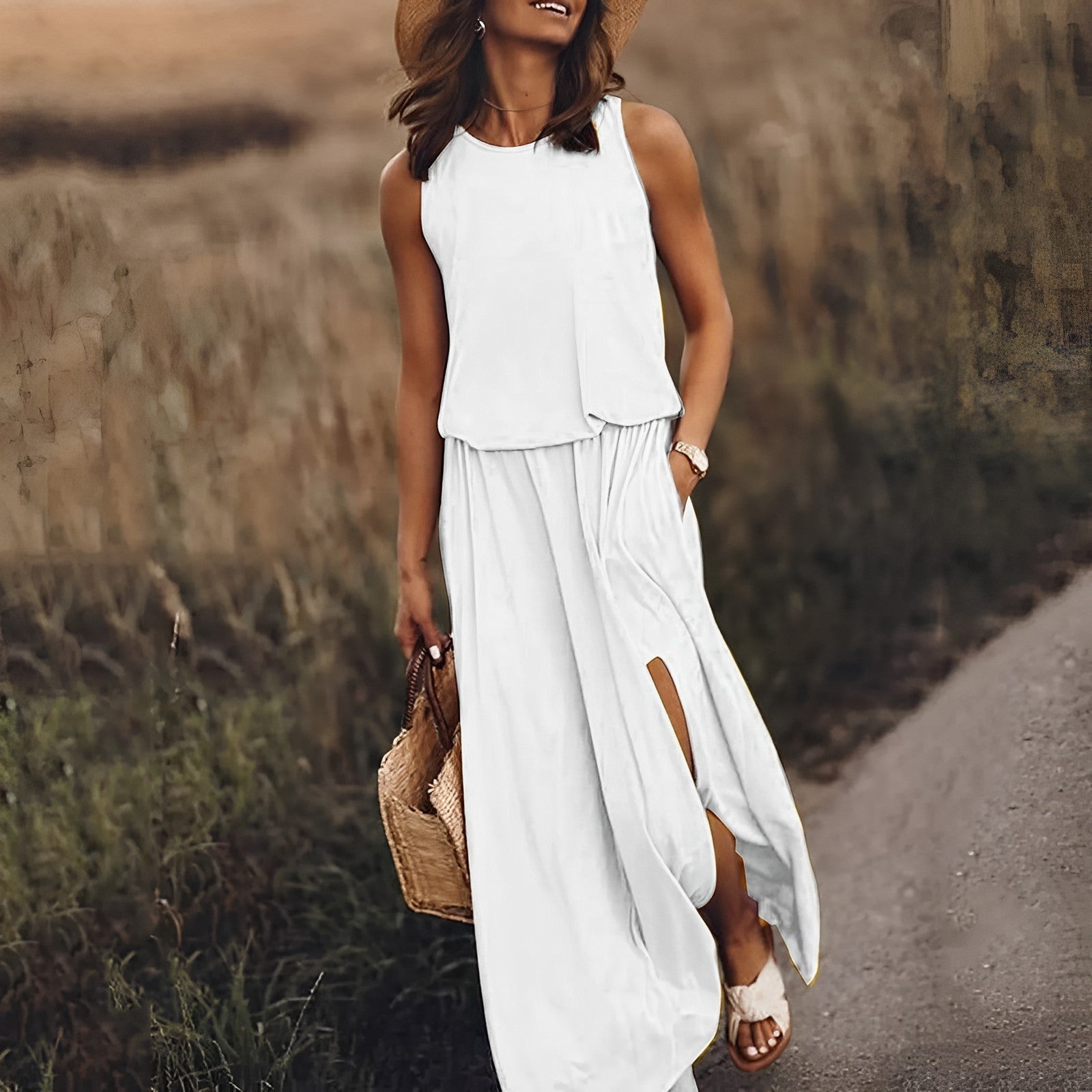 Satin Crew Neck Sleeveless High Split Maxi Summer Dress