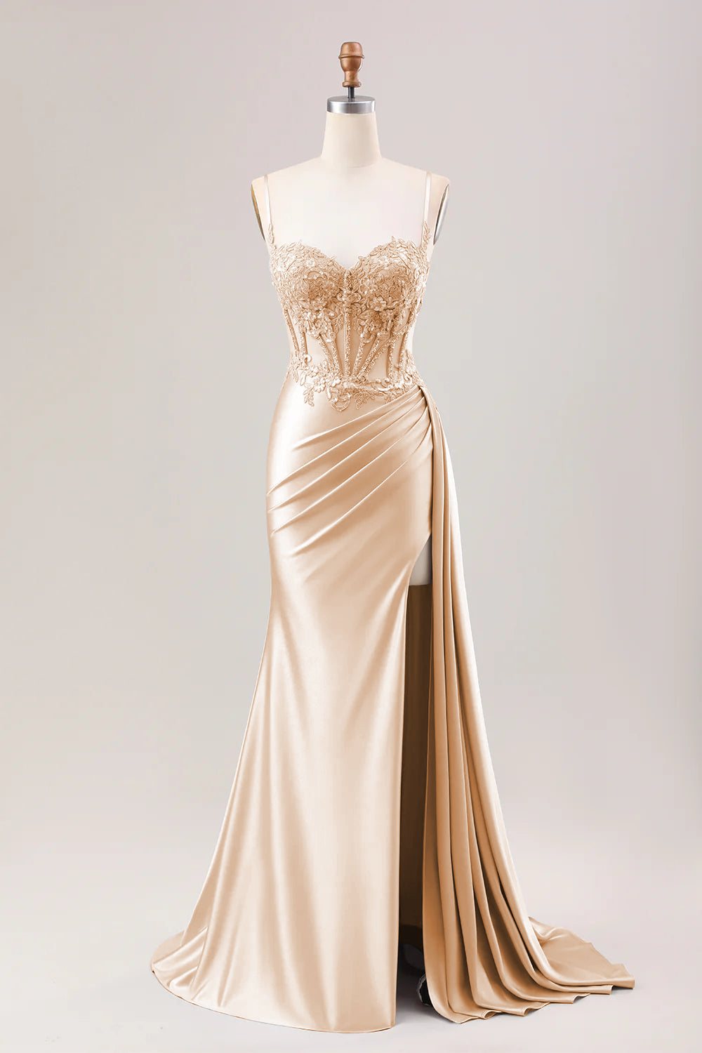 Dusty Blue Mermaid Side Streamer Pleated Long Corset Satin Prom Dress With Slit