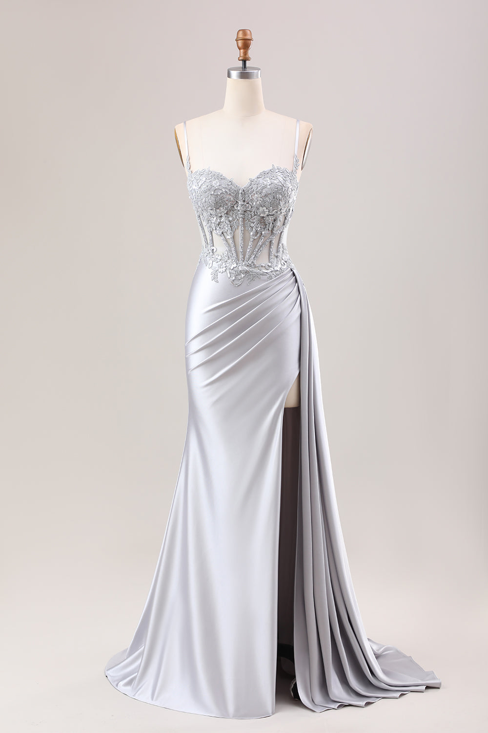 Dusty Blue Mermaid Side Streamer Pleated Long Corset Satin Prom Dress With Slit