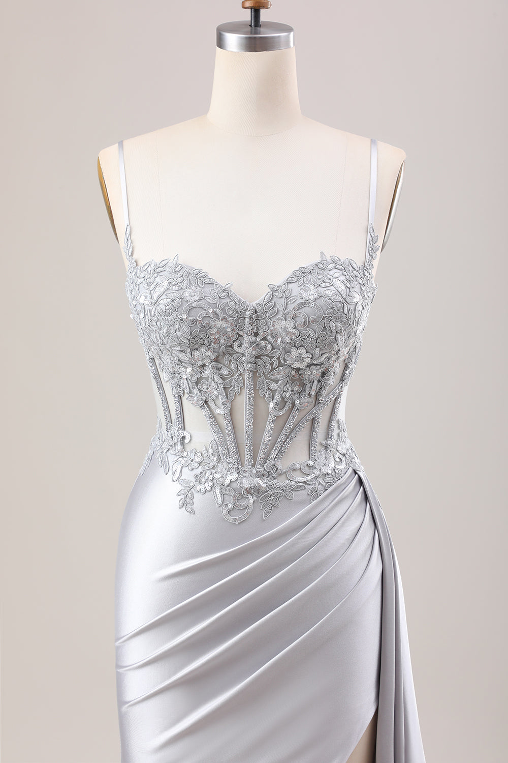 Dusty Blue Mermaid Side Streamer Pleated Long Corset Satin Prom Dress With Slit