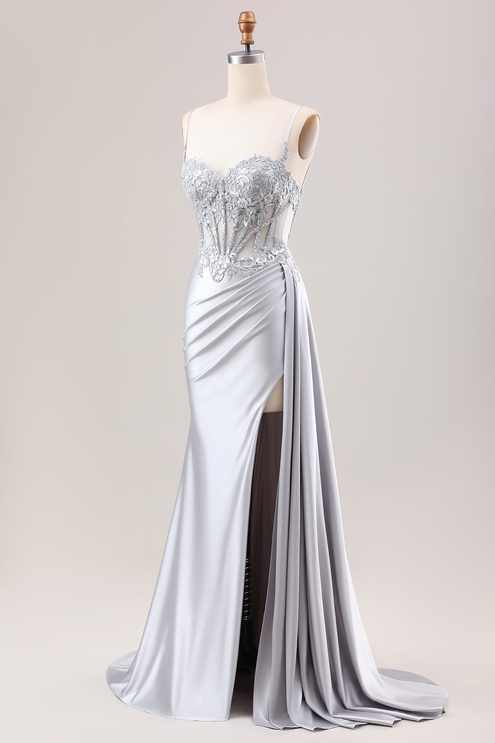 Dusty Blue Mermaid Side Streamer Pleated Long Corset Satin Prom Dress With Slit