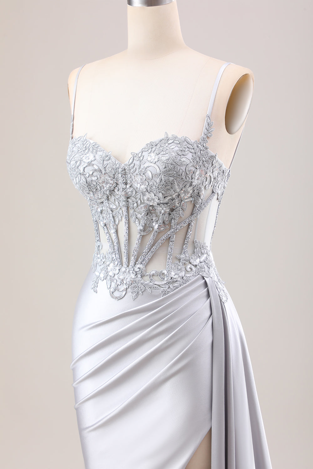 Dusty Blue Mermaid Side Streamer Pleated Long Corset Satin Prom Dress With Slit
