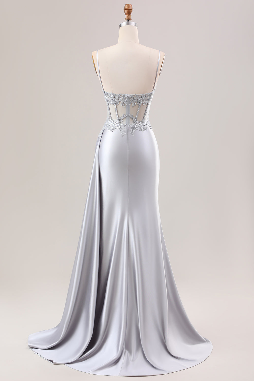 Dusty Blue Mermaid Side Streamer Pleated Long Corset Satin Prom Dress With Slit