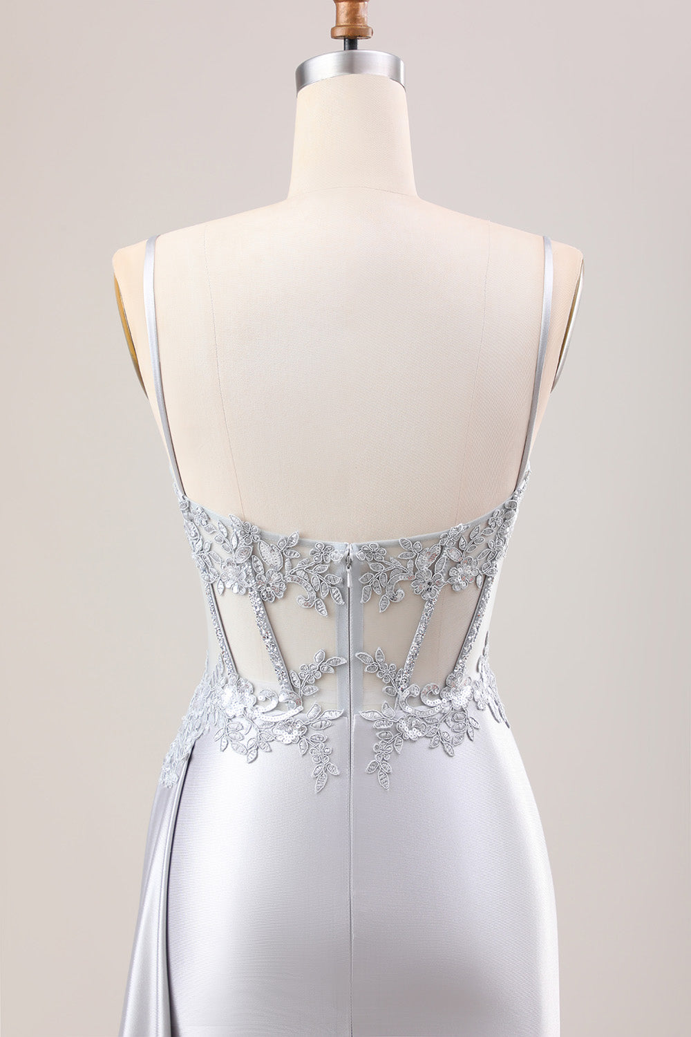 Dusty Blue Mermaid Side Streamer Pleated Long Corset Satin Prom Dress With Slit