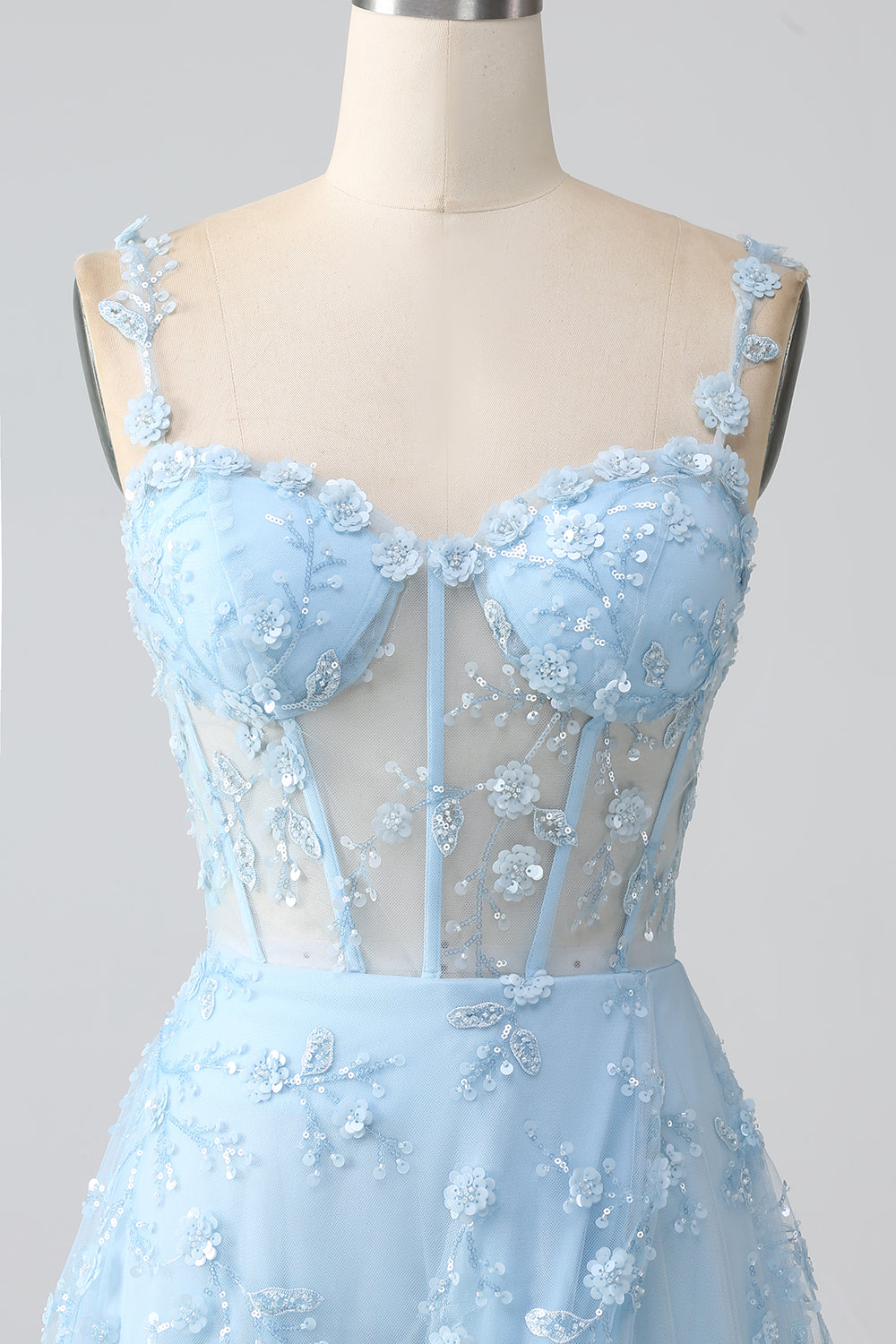 A Line Blush Spaghetti Straps Sequin Corset Prom Dress With Slit