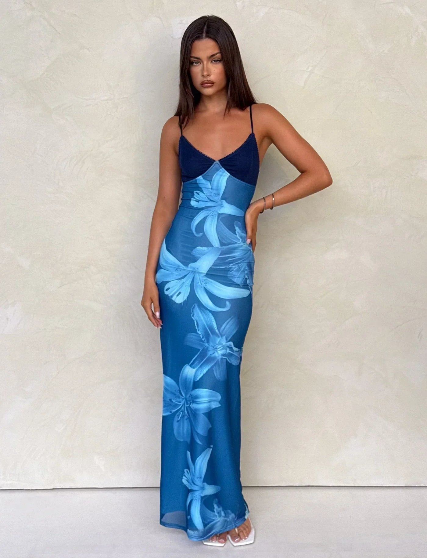 Floral Mesh V-Neck Spaghetti Strap Maxi Dress