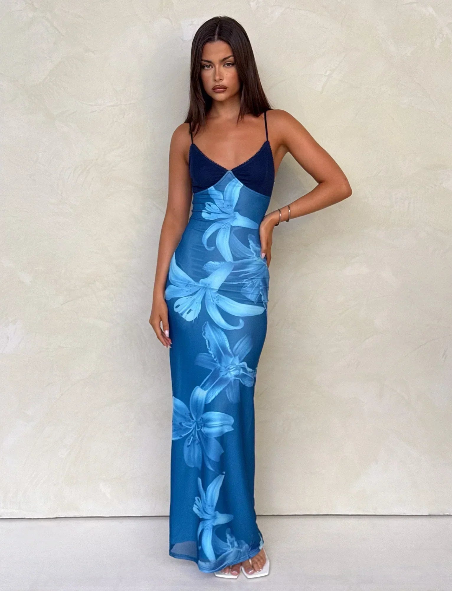 Floral Mesh V-Neck Spaghetti Strap Maxi Dress