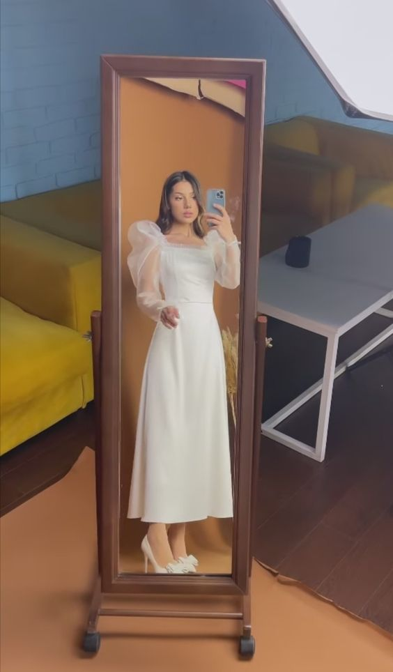 Vintage White Puff Sleeve Wedding Dress,White Engagement Dress cc863