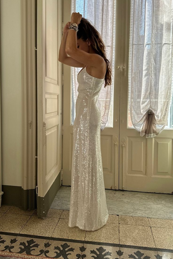 Elegant White Sequins Long Evening Dress Prom Party Dress cc1801