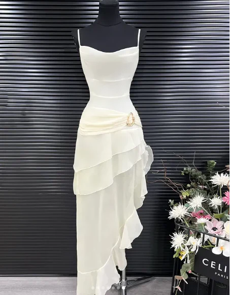 Elegant White Chiffon Spaghetti Straps Ruffles Evening Dress Long Party Prom Dress cc1863