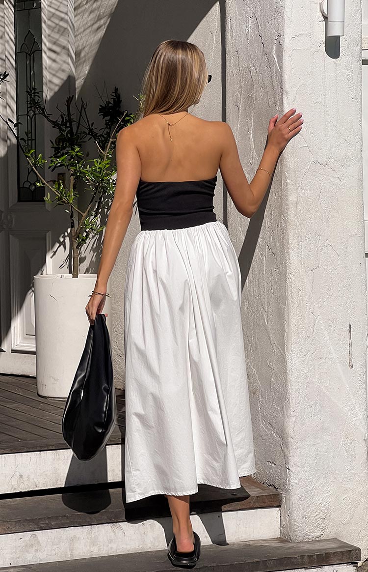 Strapless Ribbed Knit Bodice Gathered Poplin Skirt Maxi Dress 9