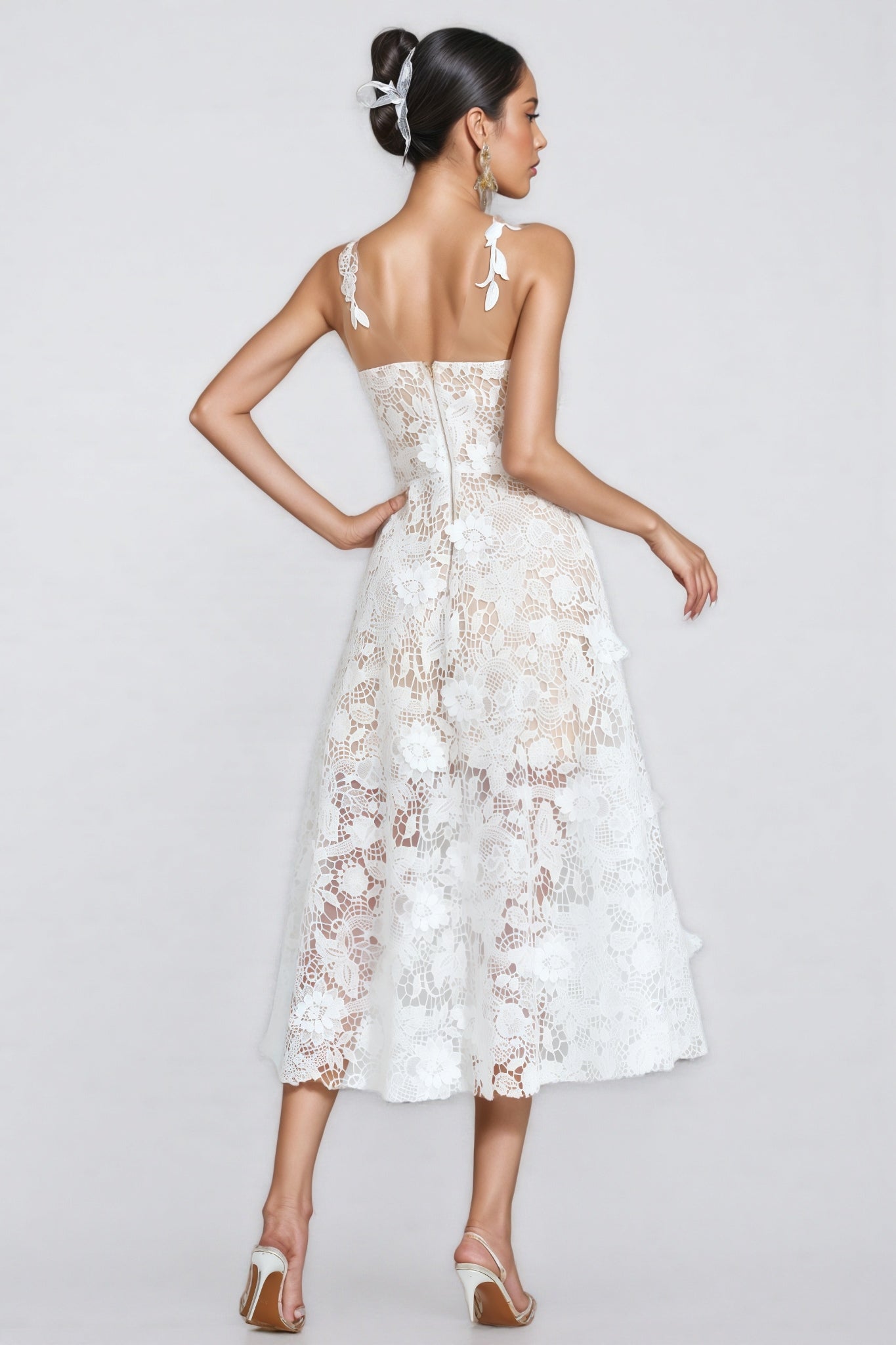 Malachi White Lace Illusion Midi Dress - View 7