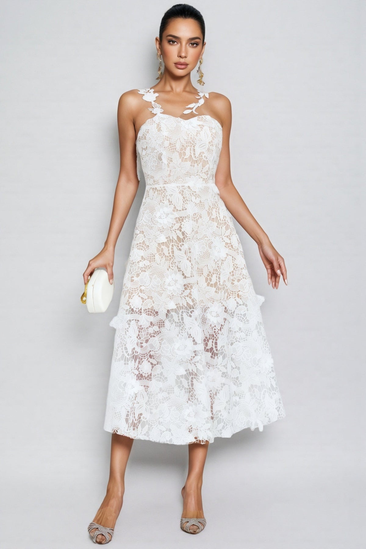 Floral Lace Applique Strap Sweetheart Neck A-Line Midi Dress