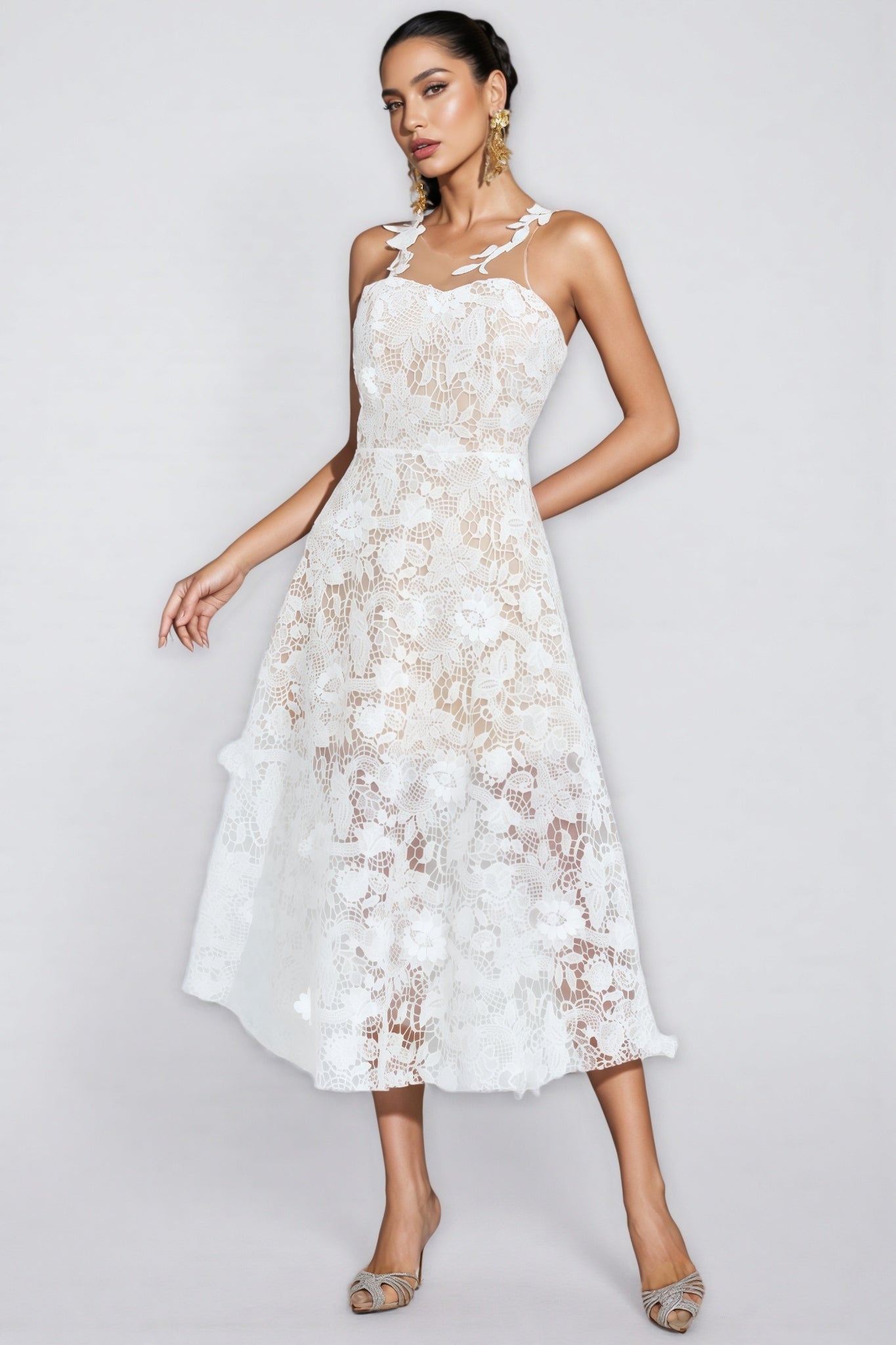 Malachi White Lace Illusion Midi Dress - View 5