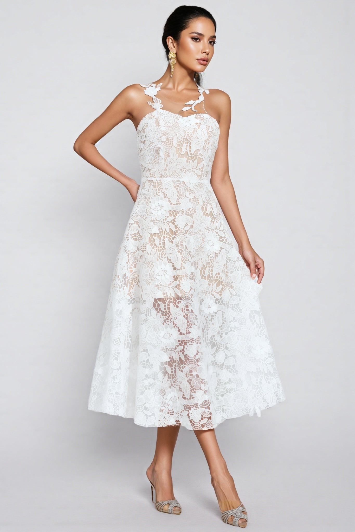 Malachi White Lace Illusion Midi Dress - View 2