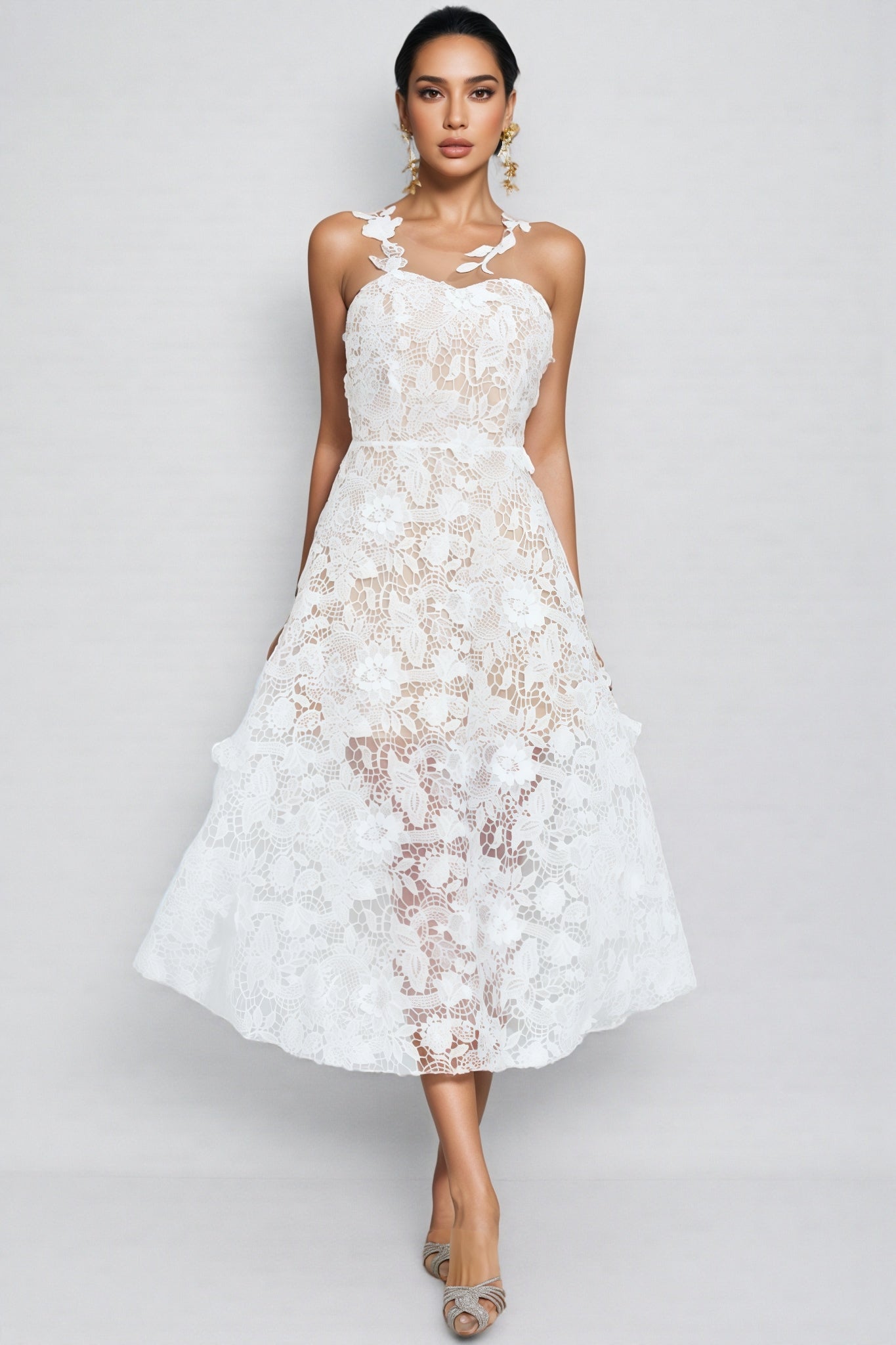 Malachi White Lace Illusion Midi Dress - View 4