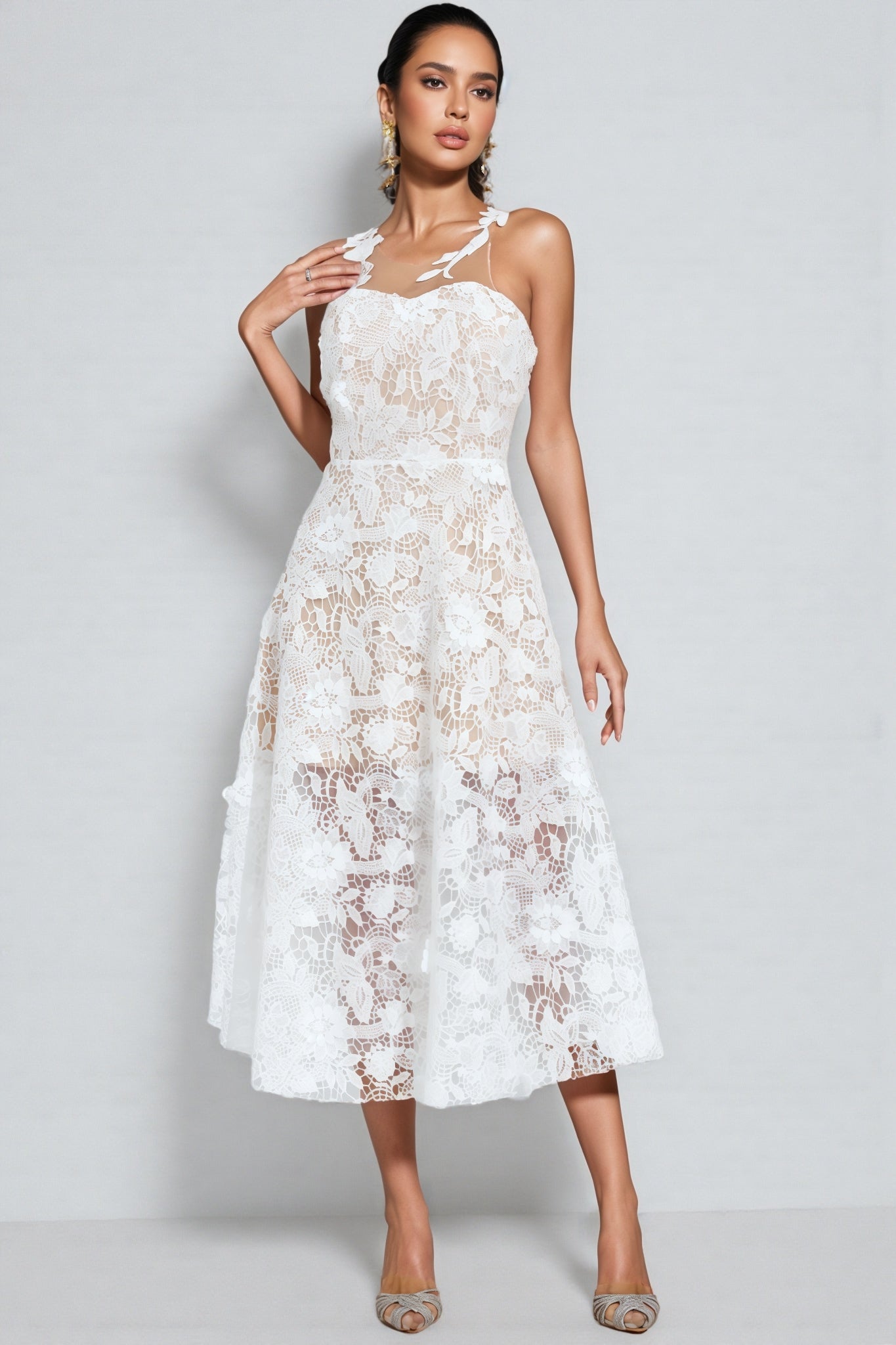 Malachi White Lace Illusion Midi Dress - View 6