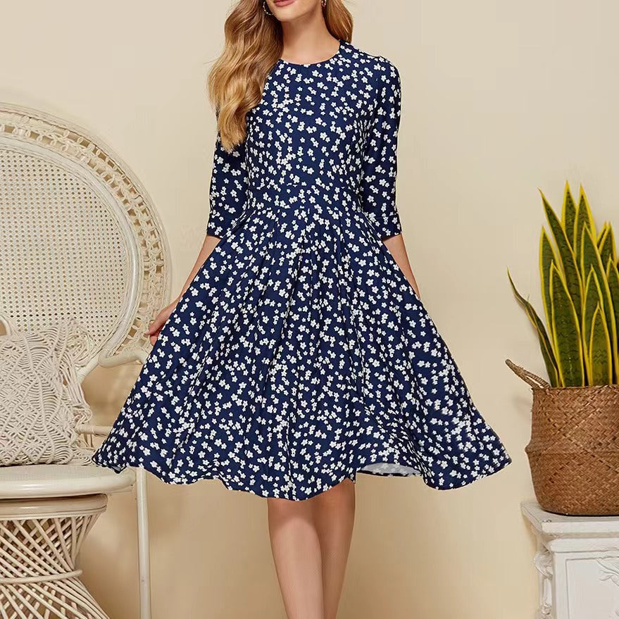 Starry White Flower Dark Blue Midi Dress