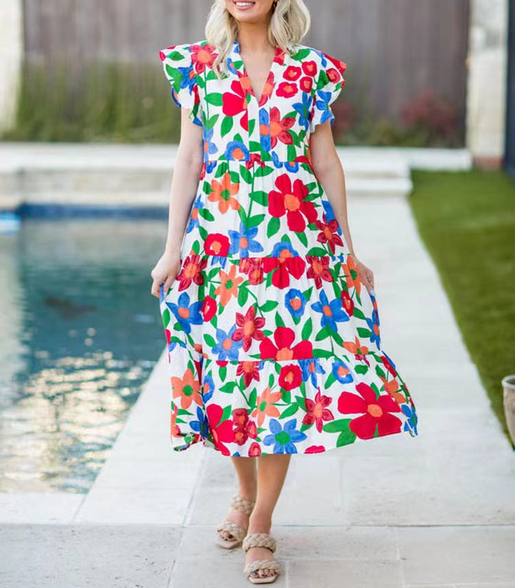 Elegant print v-neck Midi dress