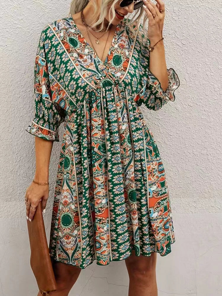 All Over Print Wrap Neck Mini Dress