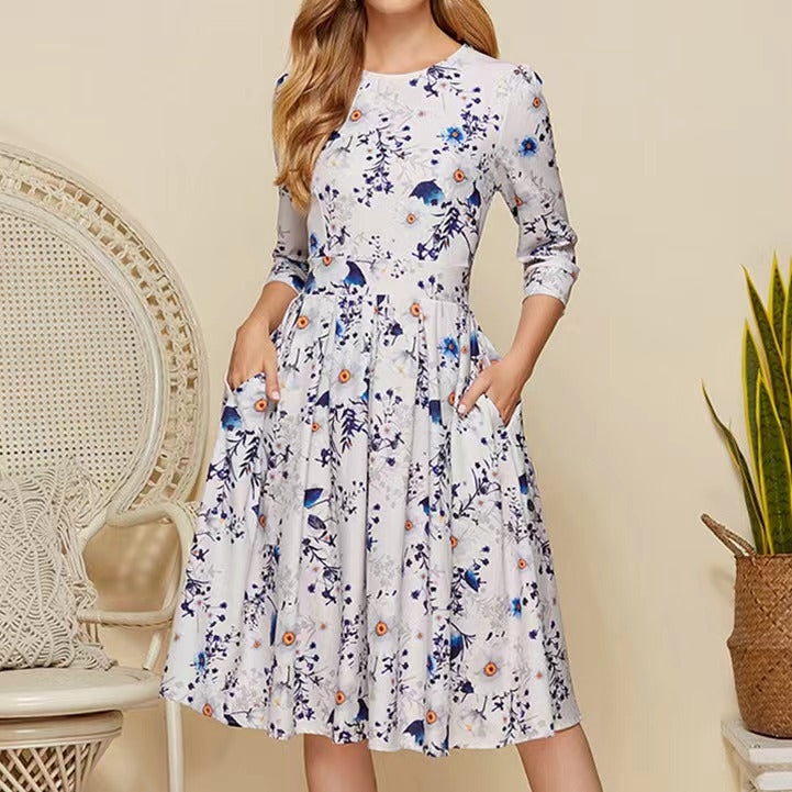Elegant Printed Crewneck Midi Dress
