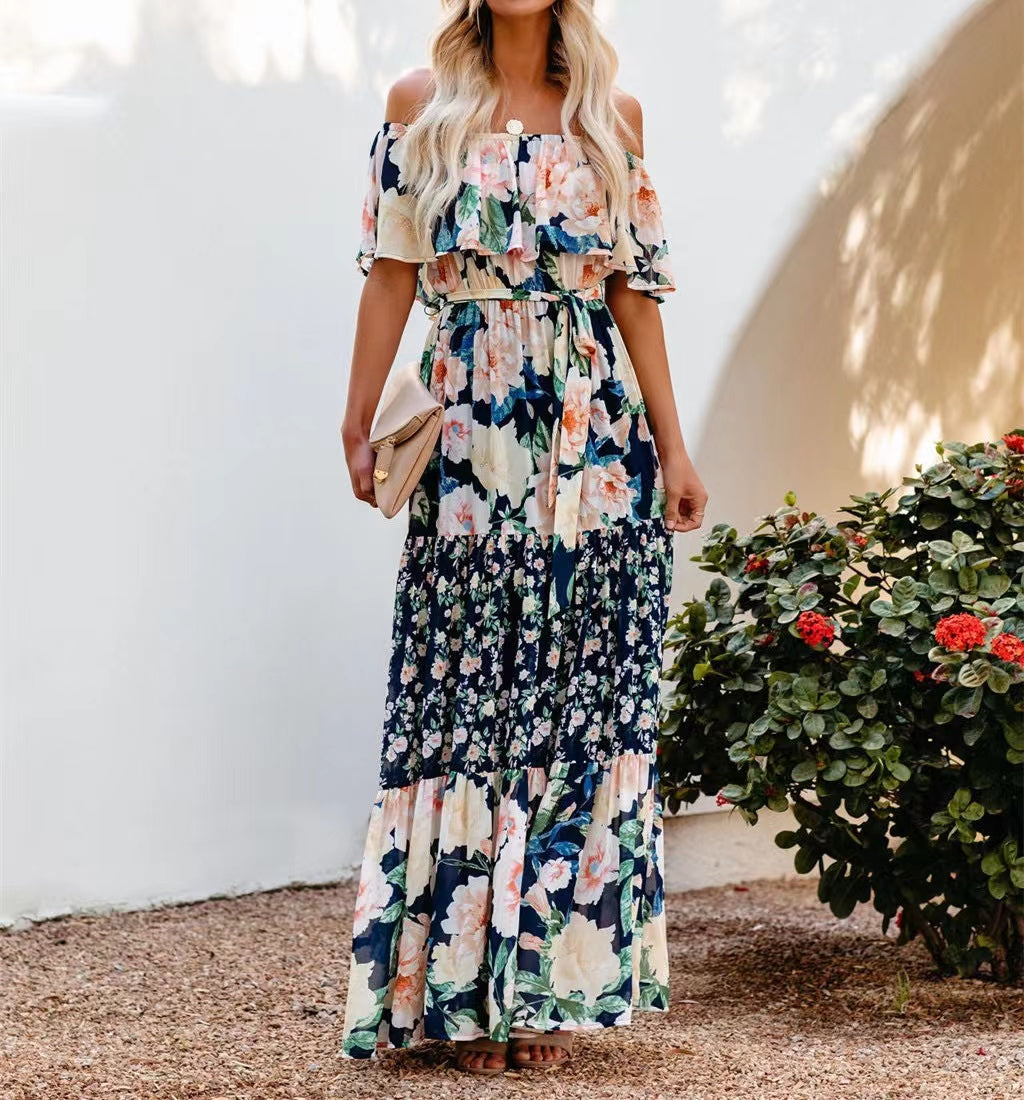 Elegant Off the Shoulder Print Maxi Dresses