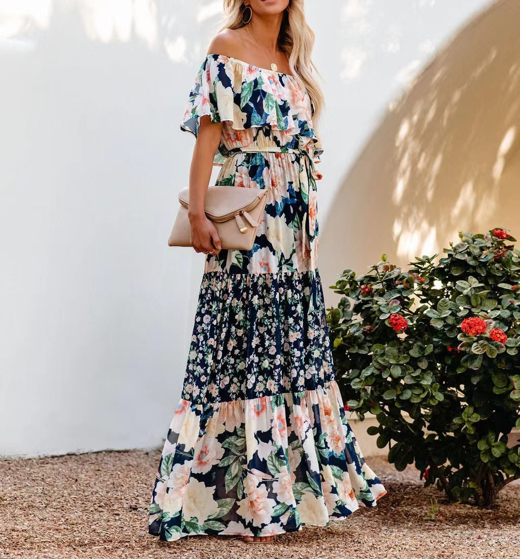 Elegant Off the Shoulder Print Maxi Dresses