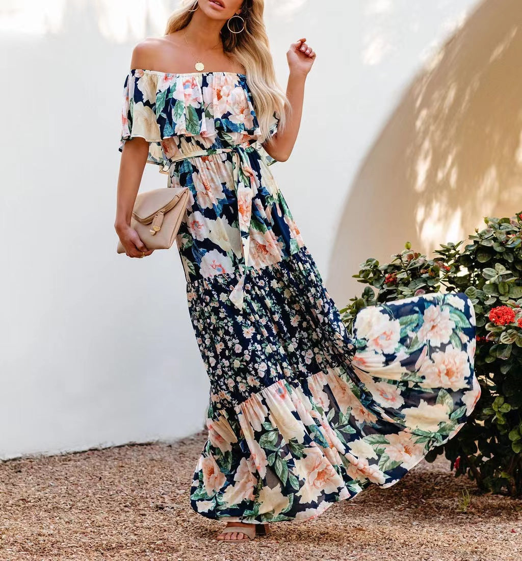 Elegant Off the Shoulder Print Maxi Dresses