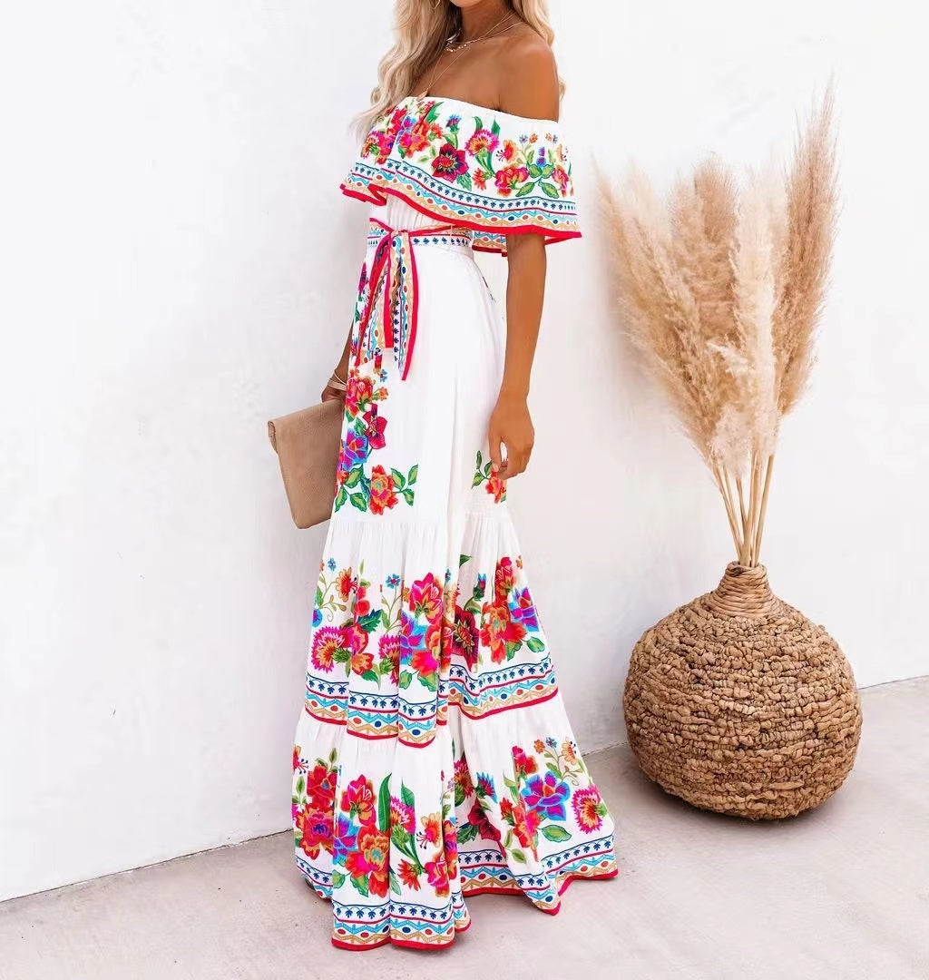 Elegant Off the Shoulder Print Maxi Dresses
