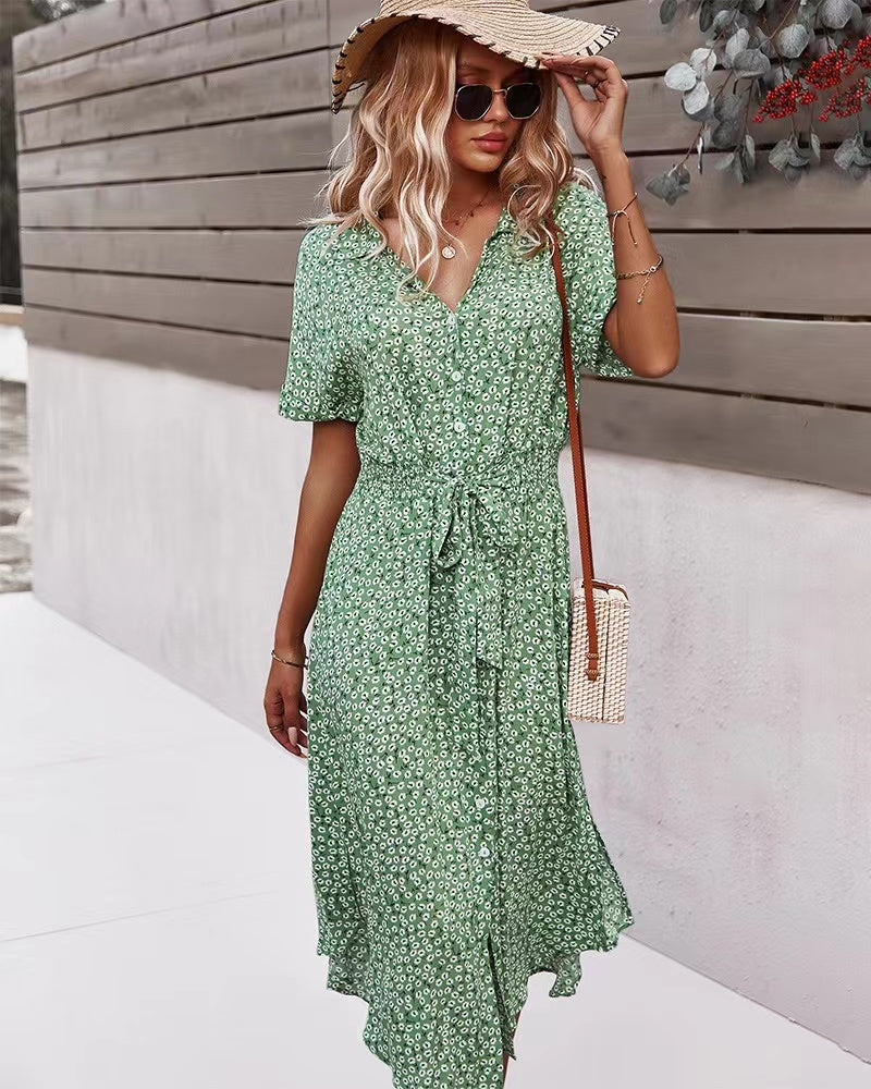 Ditsy Floral Tie Front Button Through Dress