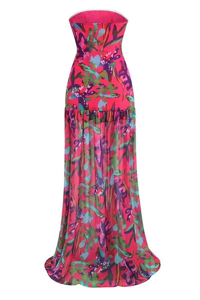 Tropical Print Strapless Draped Bodice Mesh Skirt High Split Maxi Dress 6