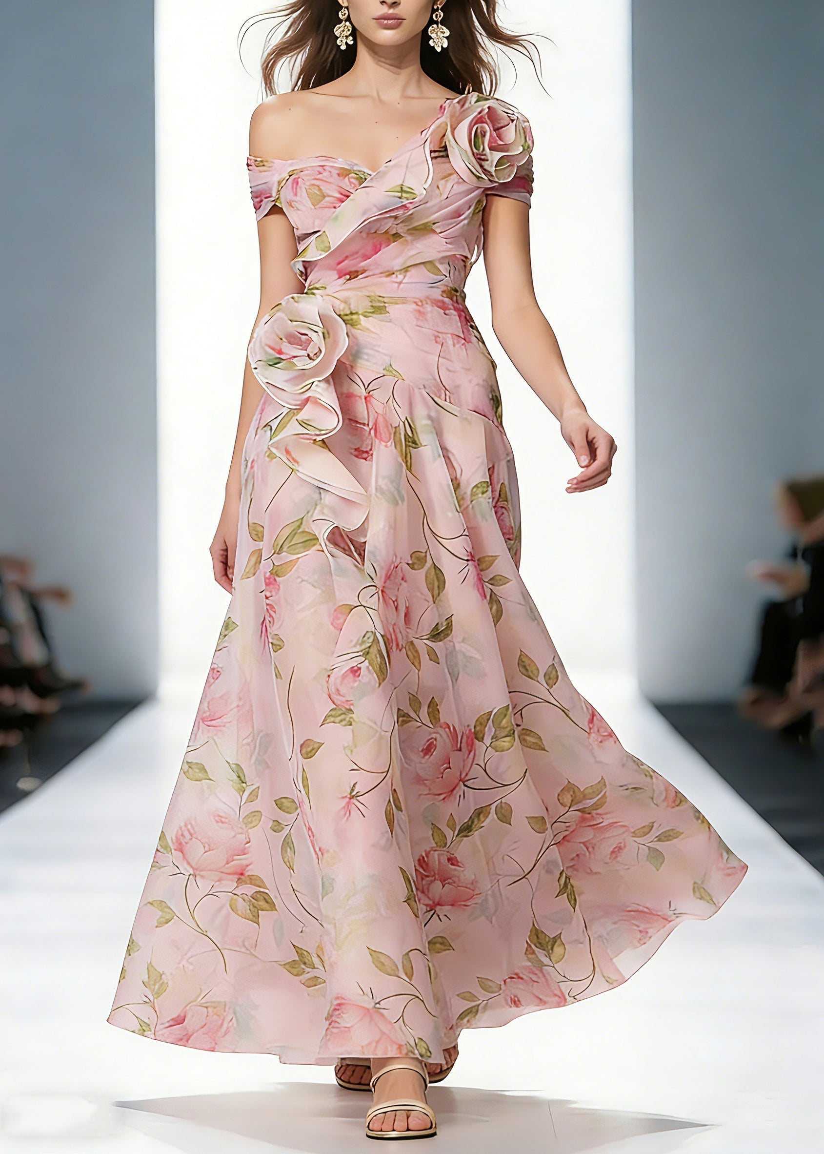 Floral Print Off Shoulder Rosette Cascading Ruffle Organza Maxi Gown