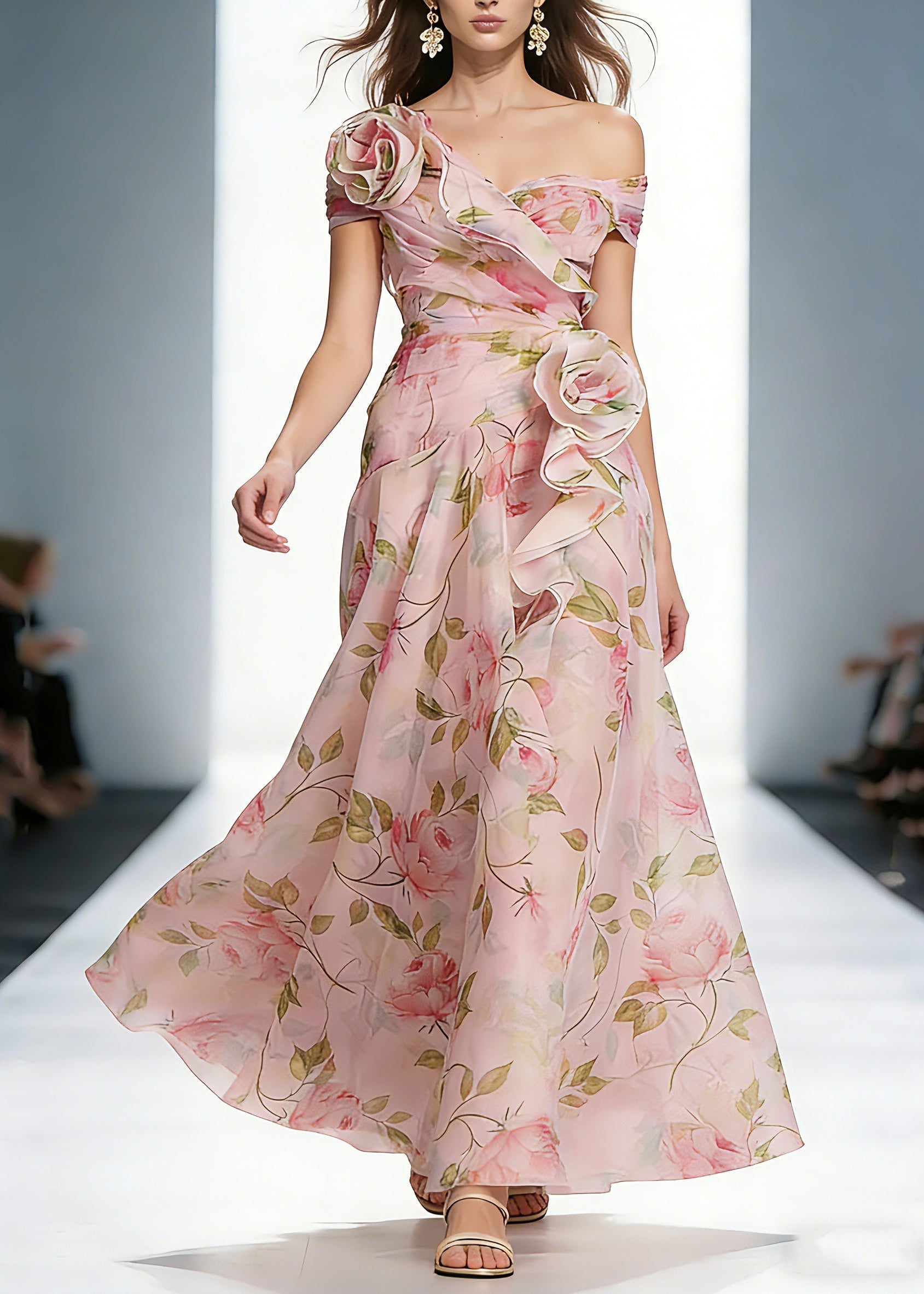Floral Print Off Shoulder Rosette Cascading Ruffle Organza Maxi Gown