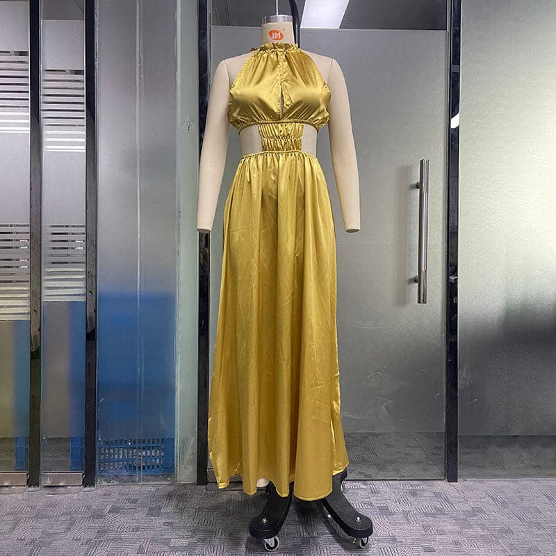 Metallic Halter Neck Cut Out Ruched Waist A-Line Maxi Dress