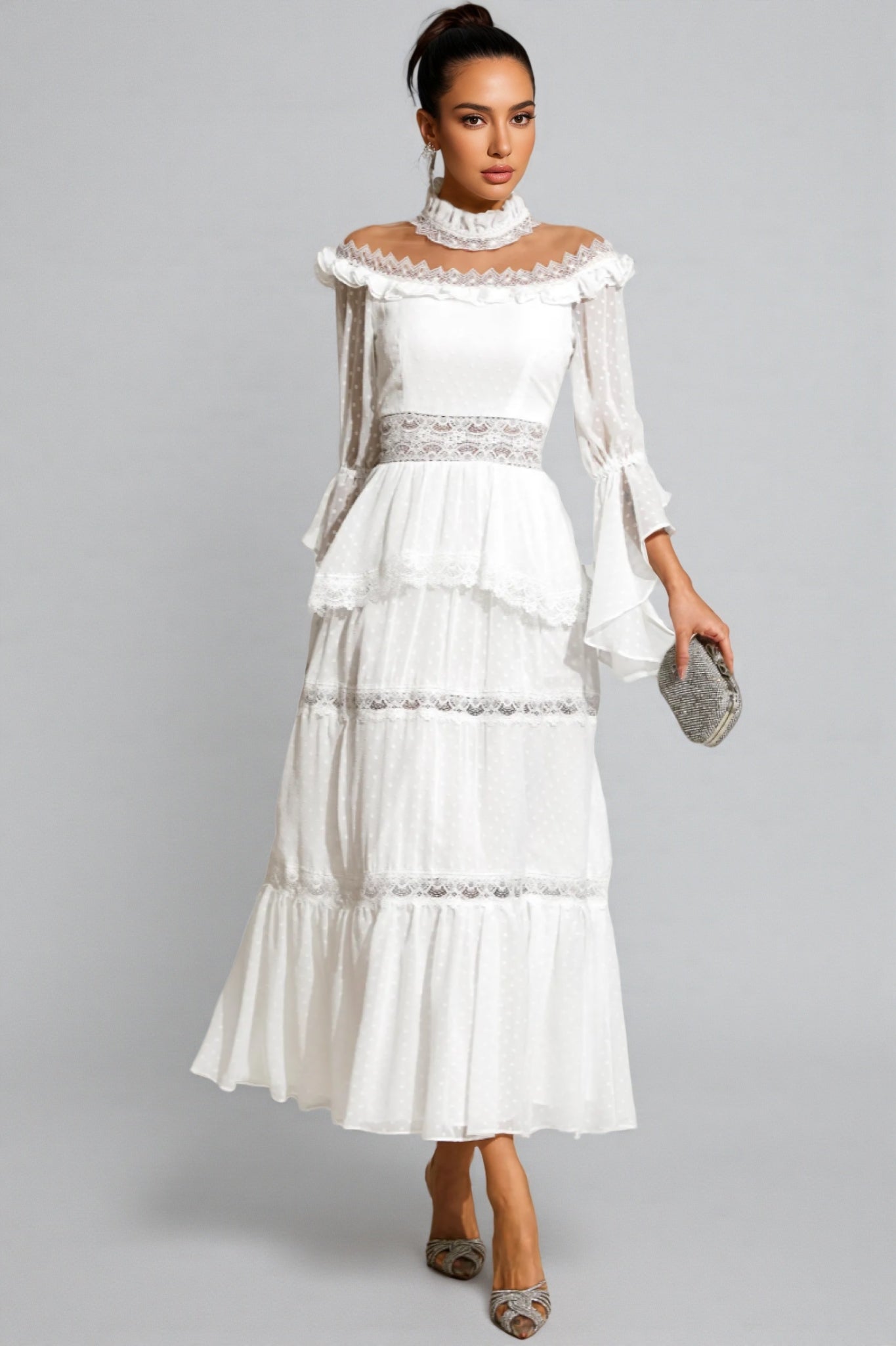 Zevon White Lace Long Sleeve Maxi Dress - View 2