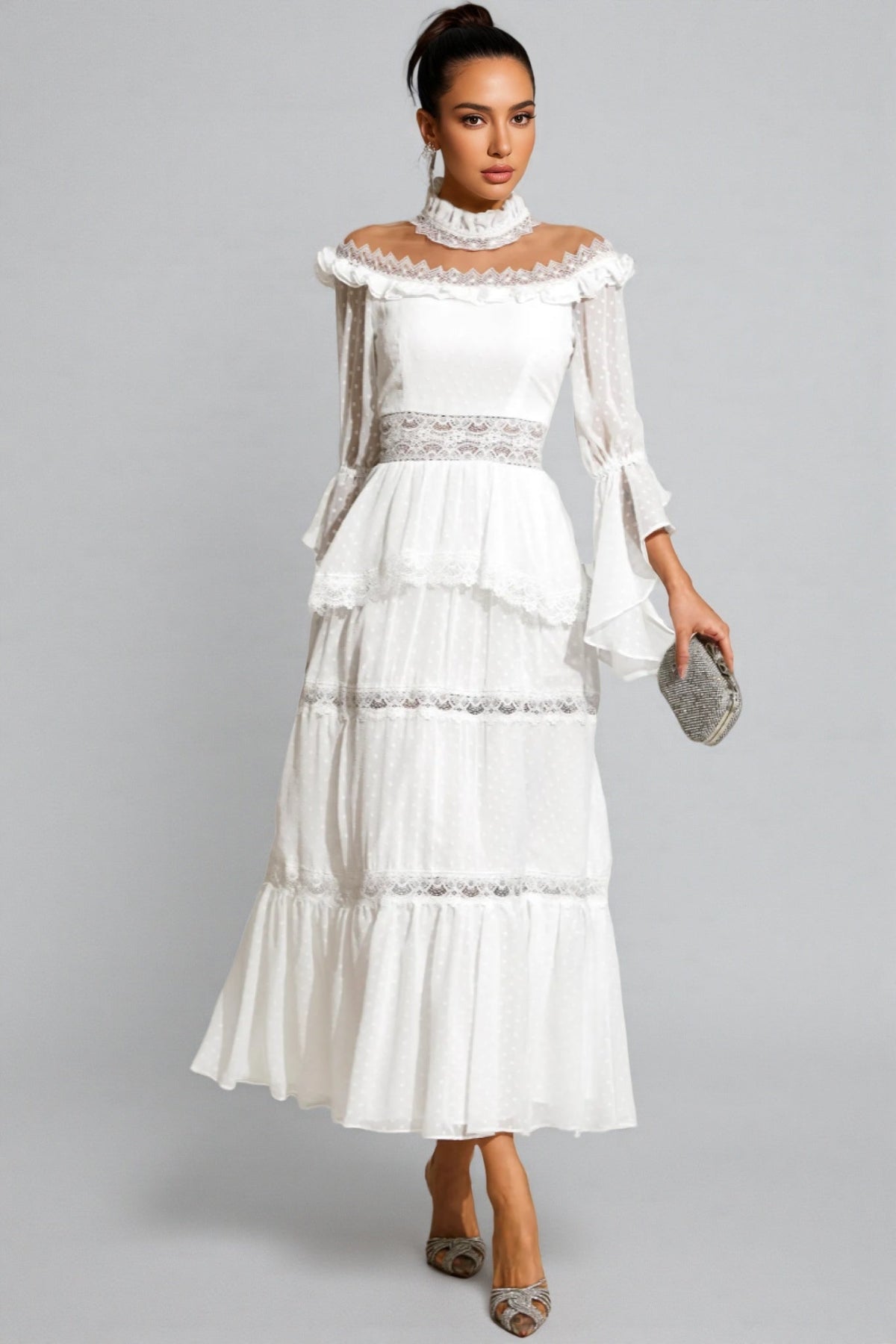 Lace Trim Mock Neck Flare Sleeve Tiered Ruffle Maxi Dress 2