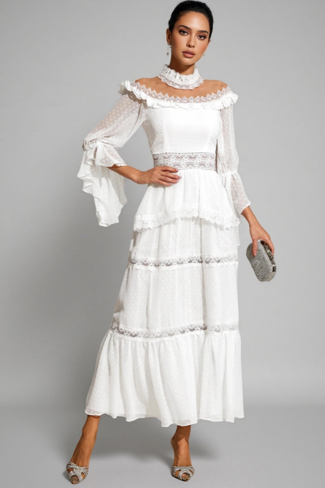 Zevon White Lace Long Sleeve Maxi Dress - View 3