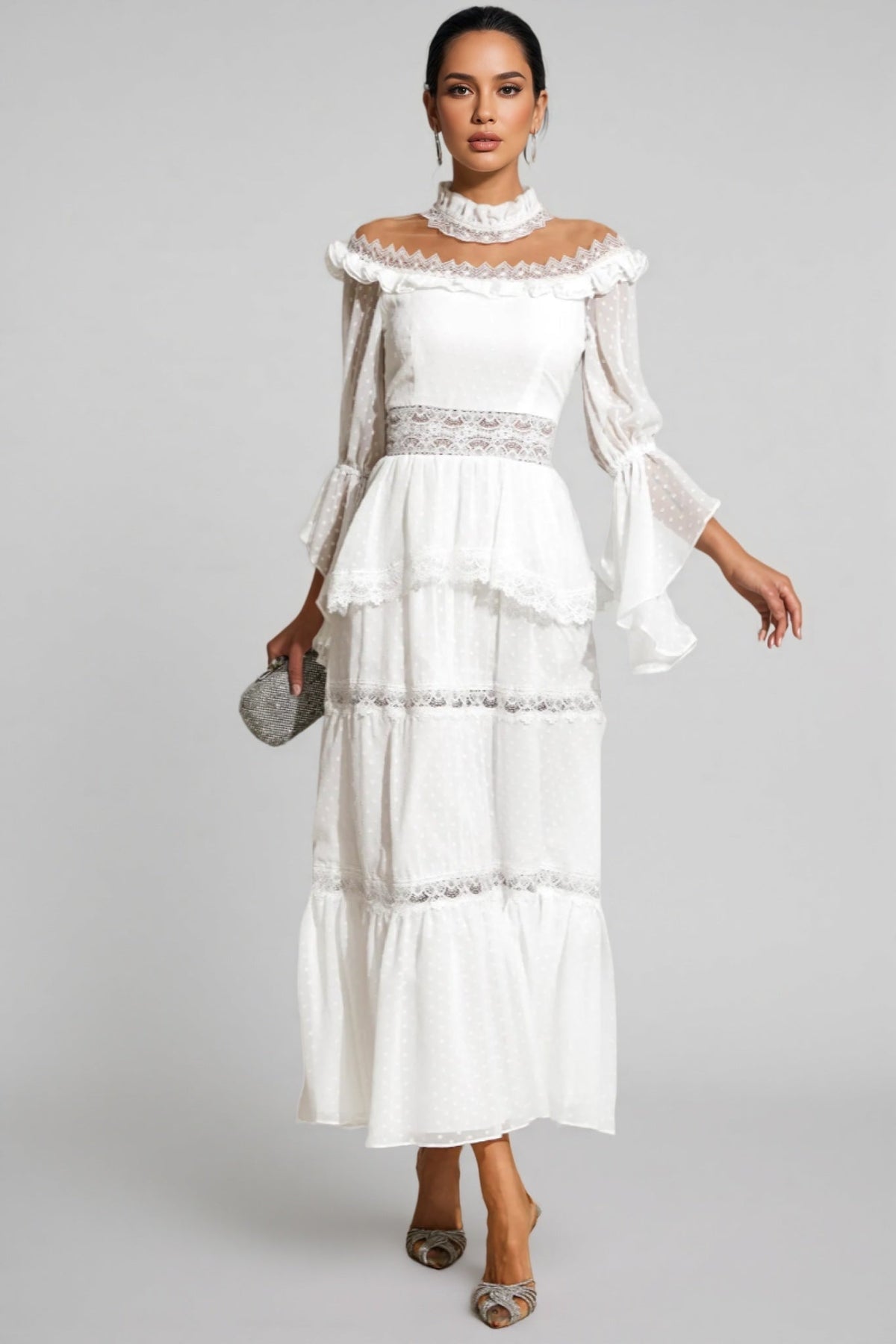Lace Trim Mock Neck Flare Sleeve Tiered Ruffle Maxi Dress