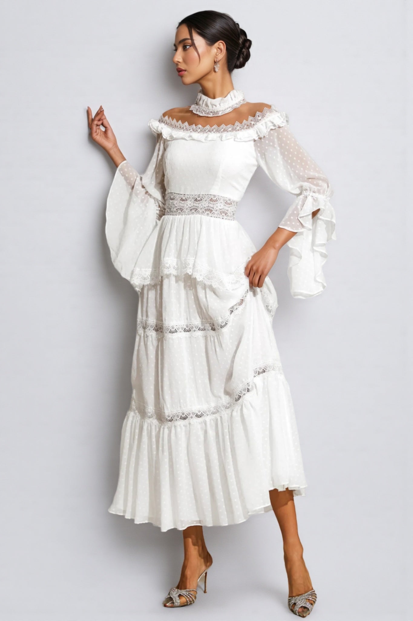 Zevon White Lace Long Sleeve Maxi Dress - View 4