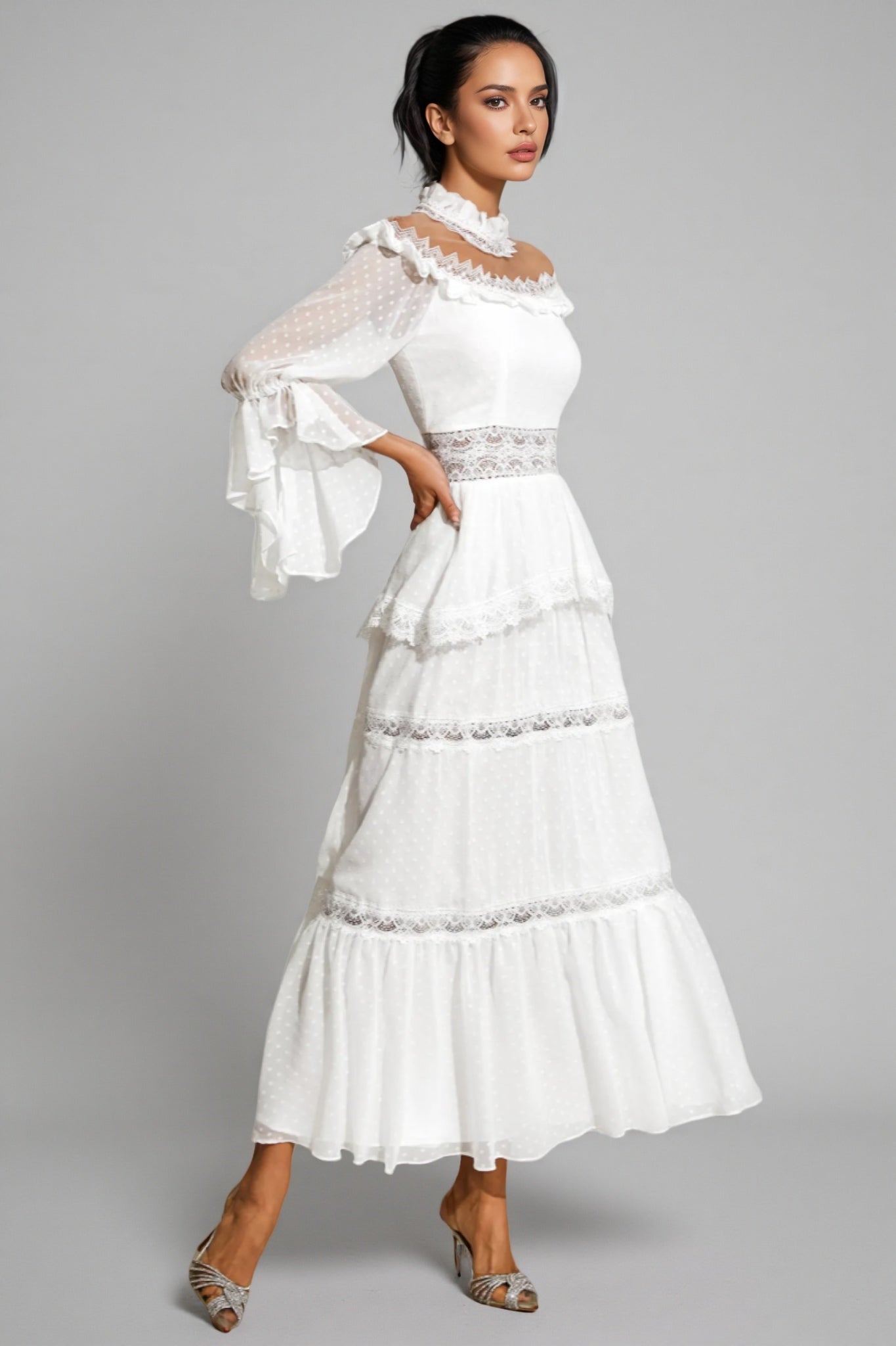 Zevon White Lace Long Sleeve Maxi Dress - View 6