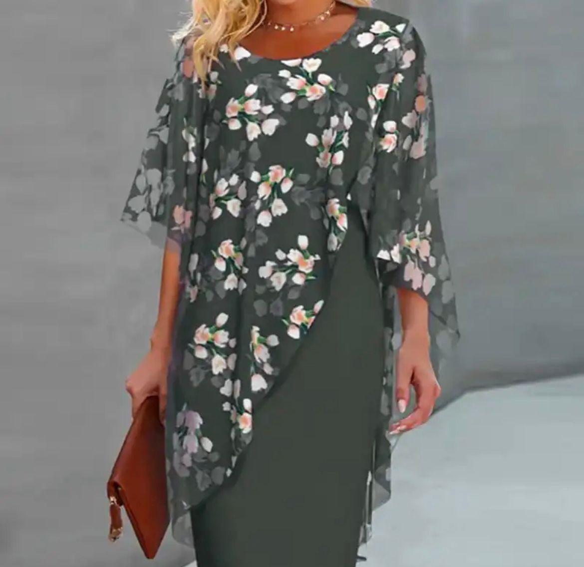 Floral Chiffon Overlay Asymmetrical Flutter Sleeve Sheath Midi Dress