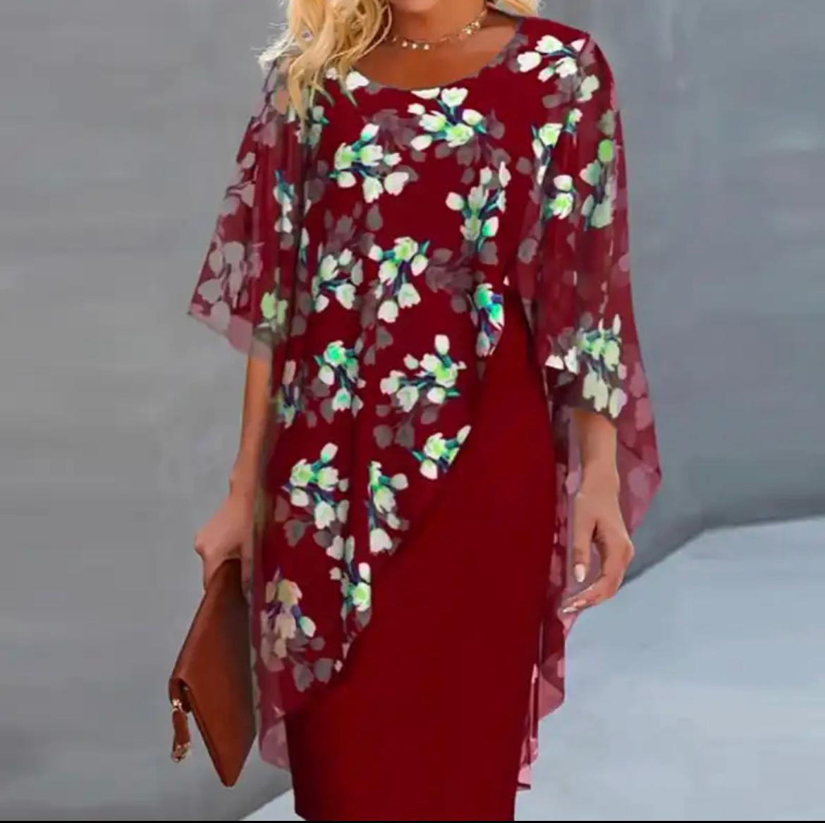 Floral Chiffon Overlay Asymmetrical Flutter Sleeve Sheath Midi Dress
