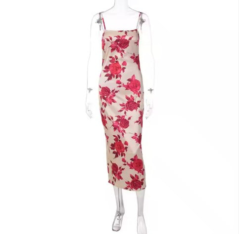 Alana Elevated Long Bodycon Dress with Rose Print Premium Wardrobe Essential
