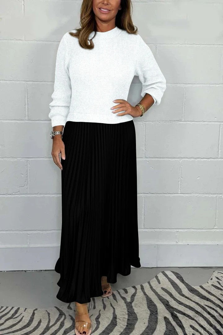 Crew Neck Long Sleeve Ribbed Knit Top Pleated Maxi Dress