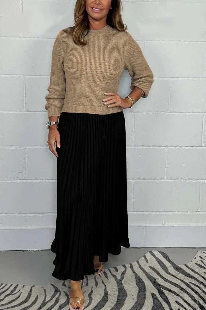 Crew Neck Long Sleeve Ribbed Knit Top Pleated Maxi Dress