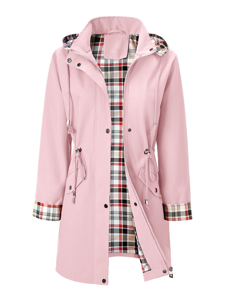 Hooded Drawstring Waist Zip Front Rain Jacket
