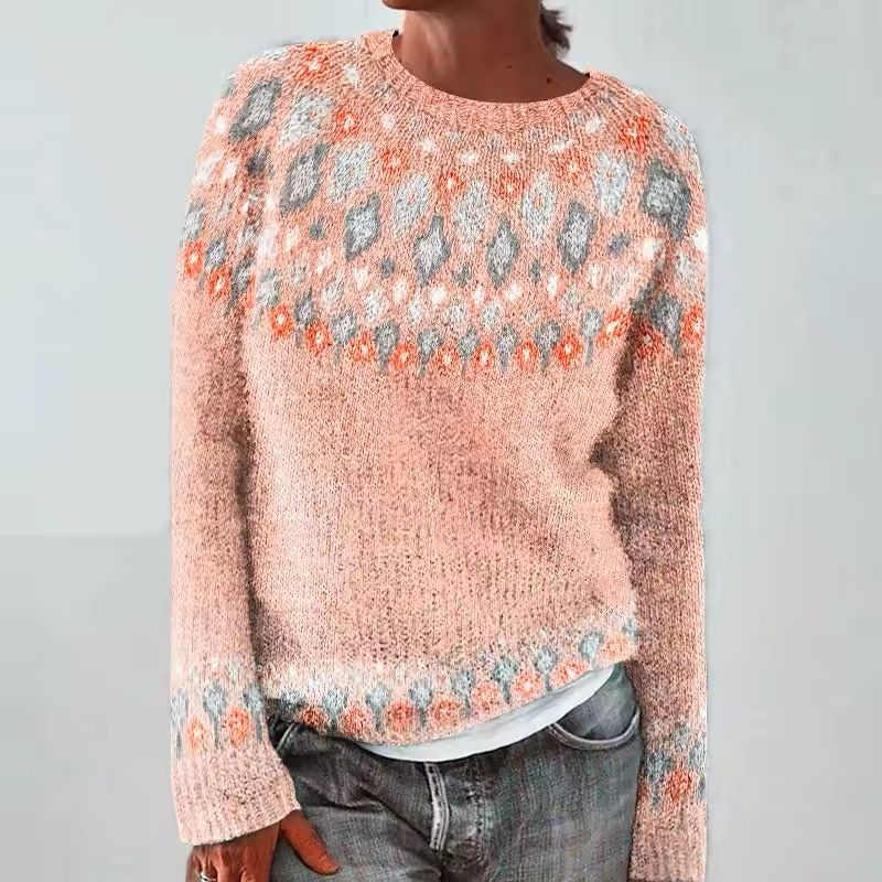 Fair Isle Crew Neck Long Sleeve Knit Sweater