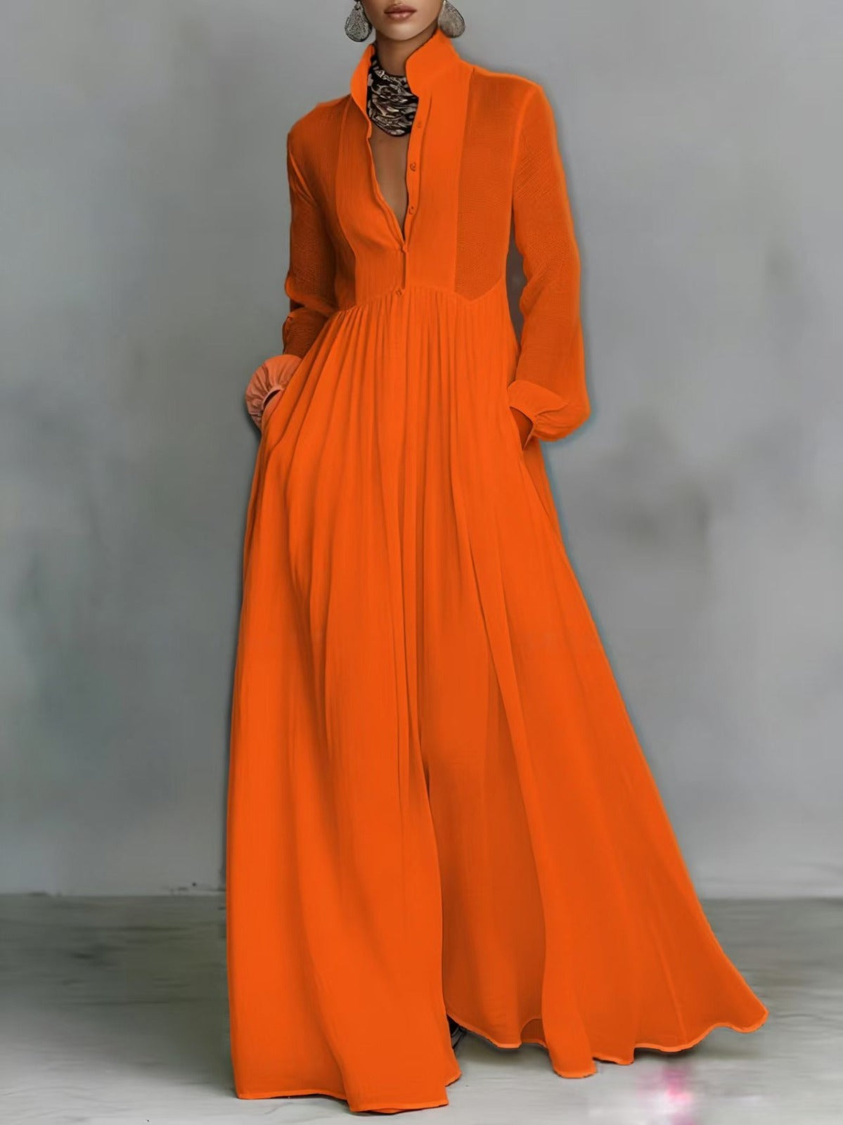 Stand Collar Long Sleeve Button Front Maxi Shirt Dress